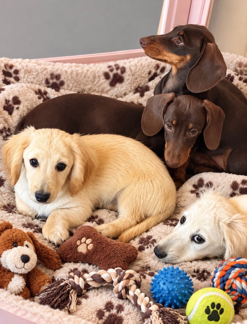 Les chiots Teckel chocolat et crème du Mas de Hoodyliya réunis dans leur panier